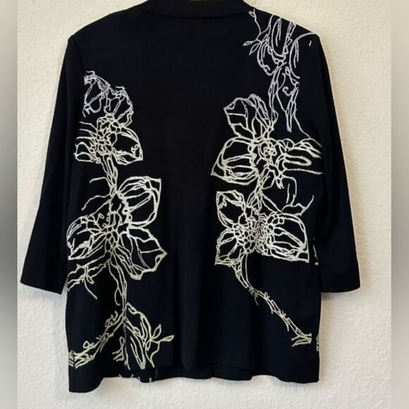 MISOOK Embroidered One Button Knit Suit Jacket Black Shoulder Padded Size L - Picture 3 of 5